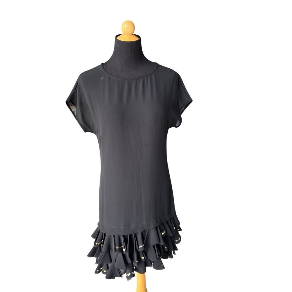 TED BAKER BLACK DRESS WITH GOLD RUFFLE SIZE 1